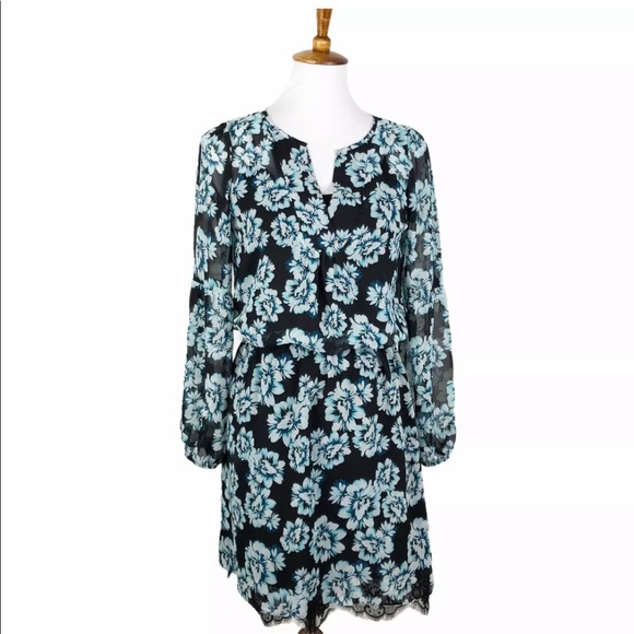 WHBM Floral Chiffon Dress Lace Hem Sz 0 Blouson Style - Picture 1 of 12